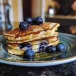 Close-up view of fluffy blueberry-lemon ricotta pancakes topped with honey.