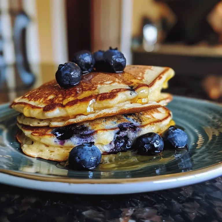 Close-up view of fluffy blueberry-lemon ricotta pancakes topped with honey.