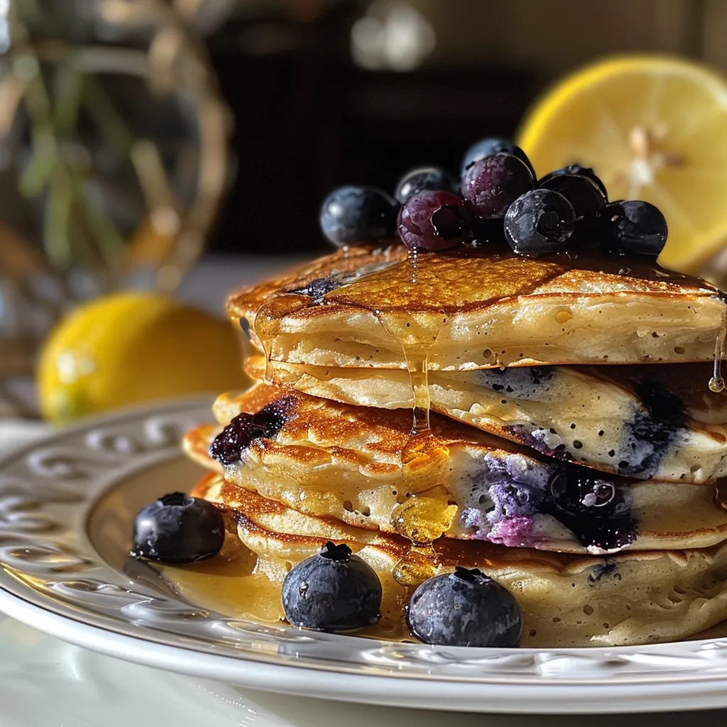 Side view of stacked blueberry lemon pancakes drizzled with honey.