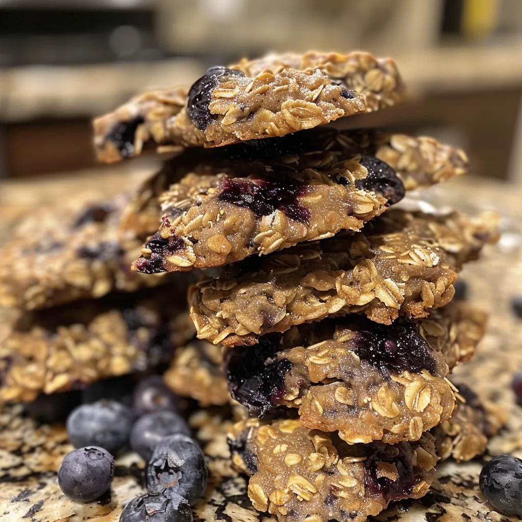 Side view of soft blueberry oat cookies with a sprinkle of oats, showcasing their texture.