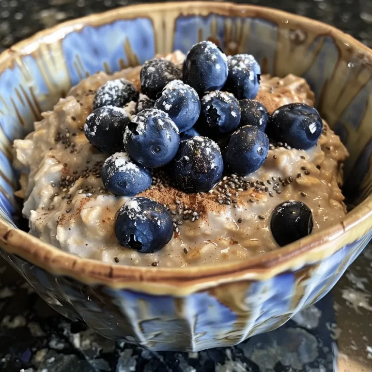 Awakening Mornings with Blueberry Bliss A Journey Through Overnight Oats Close-up view of a bowl of blueberry overnight oats topped with yogurt and walnuts.