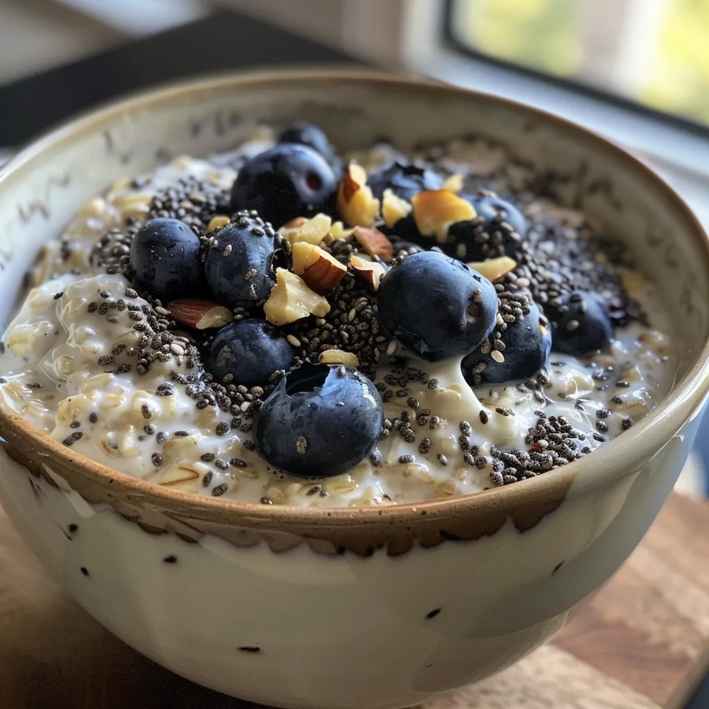 Side angle of creamy blueberry overnight oats adorned with fresh blueberries and chia seeds.
