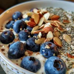 Close-up view of a bowl filled with blueberry protein ingredients.