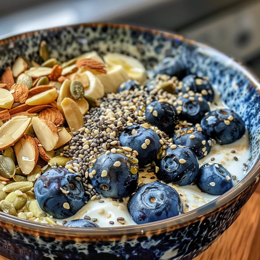 Side view of a vibrant blueberry protein bowl with toppings.