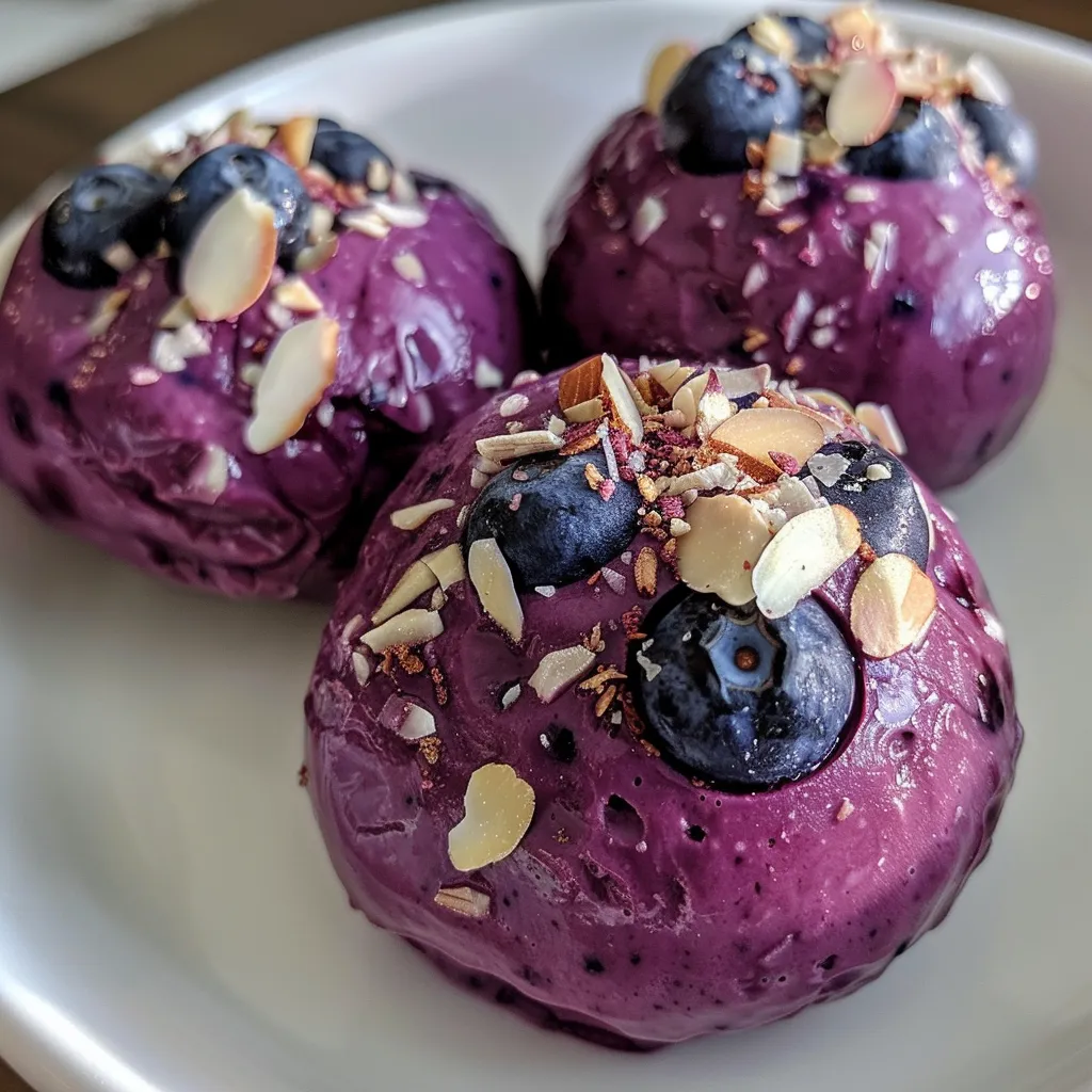Side angle shot of juicy Blueberry Yogurt Protein Bites on a white surface.
