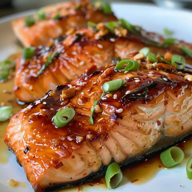 Juicy broiled salmon fillet glazed with Thai sweet chili sauce, garnished with green onions and sesame seeds.