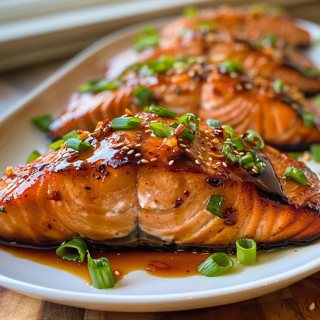 Close-up view of broiled salmon with a shiny Thai sweet chili glaze, showcasing its tender texture and vibrant colors.