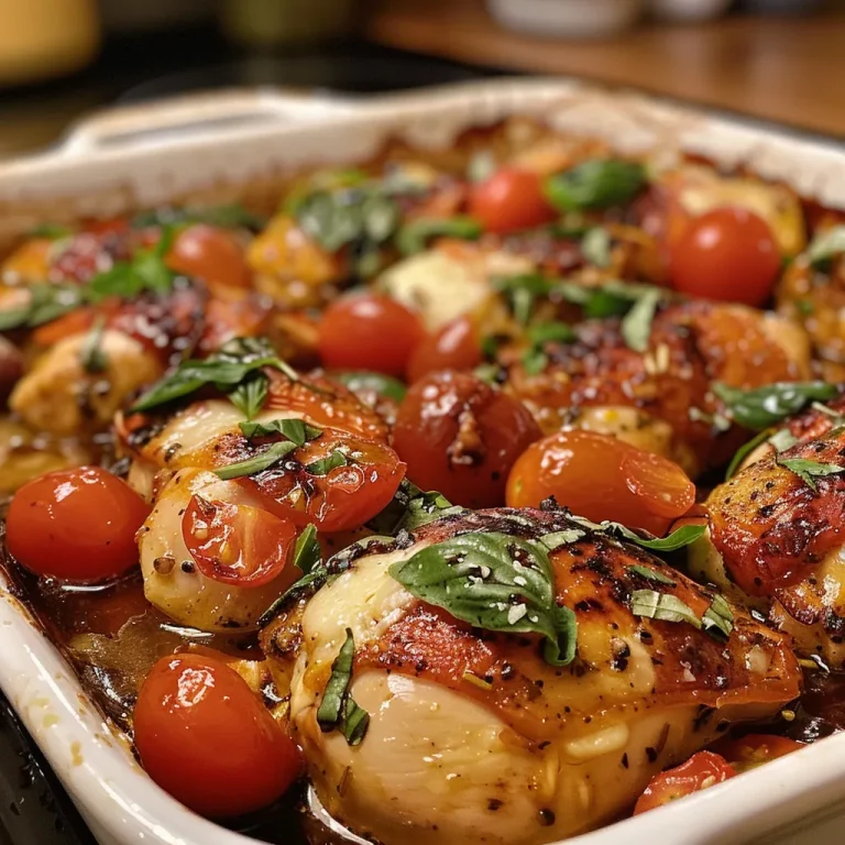 Close-up of a golden-brown Bruschetta Chicken Bake topped with fresh basil and cherry tomatoes.