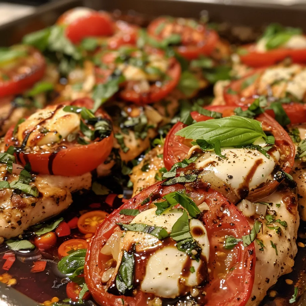 Juicy Bruschetta Chicken Bake with melted mozzarella and vibrant cherry tomato garnish.