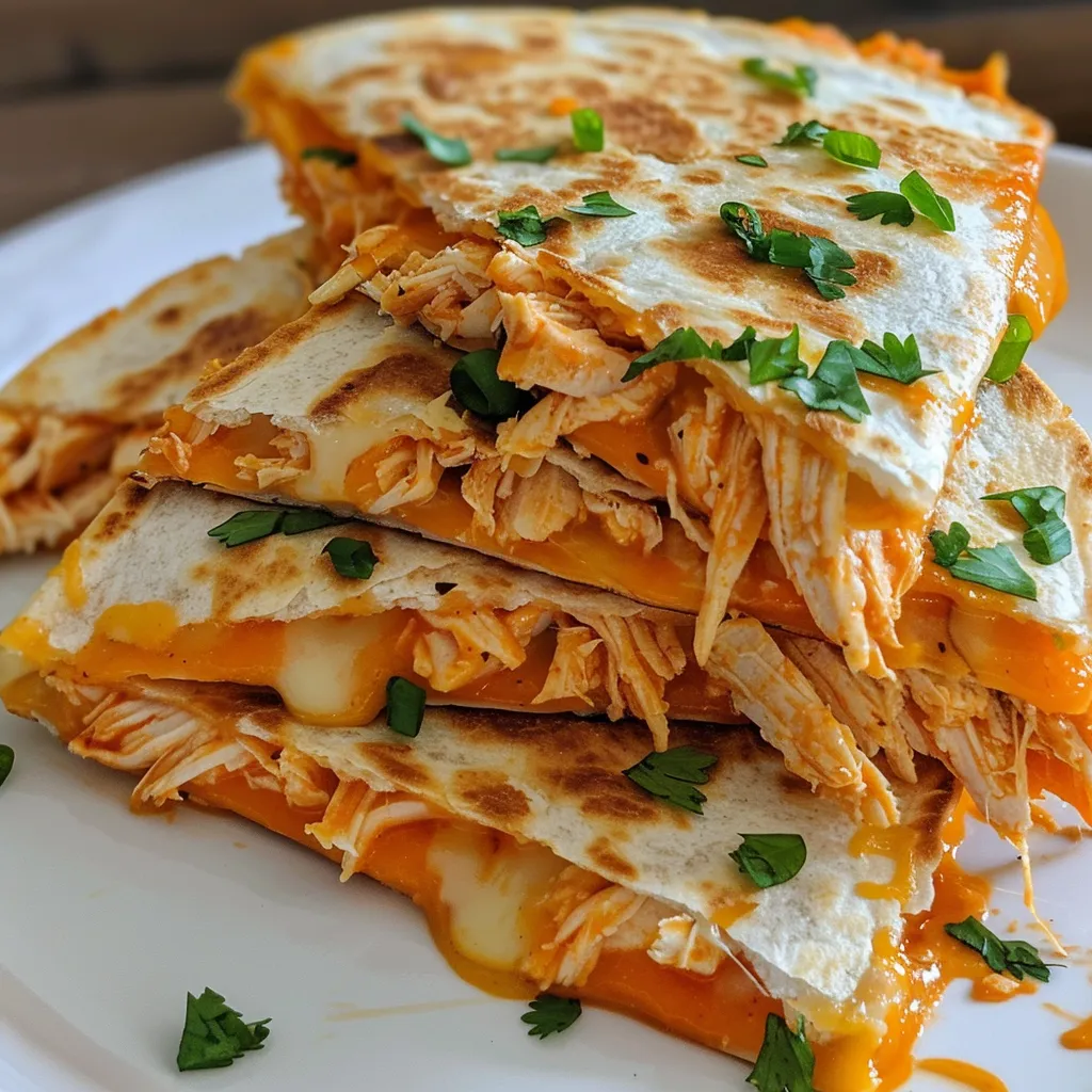 Side view of crispy quesadillas oozing with cheese and buffalo sauce, garnished with fresh herbs.