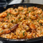 Close-up view of a Cajun shrimp and rice skillet, showcasing juicy shrimp and vibrant spices.