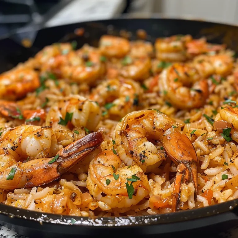 A Taste of the Bayou: My Family’s Cajun Shrimp and Rice Skillet Delight Close-up view of a Cajun shrimp and rice skillet, showcasing juicy shrimp and vibrant spices.