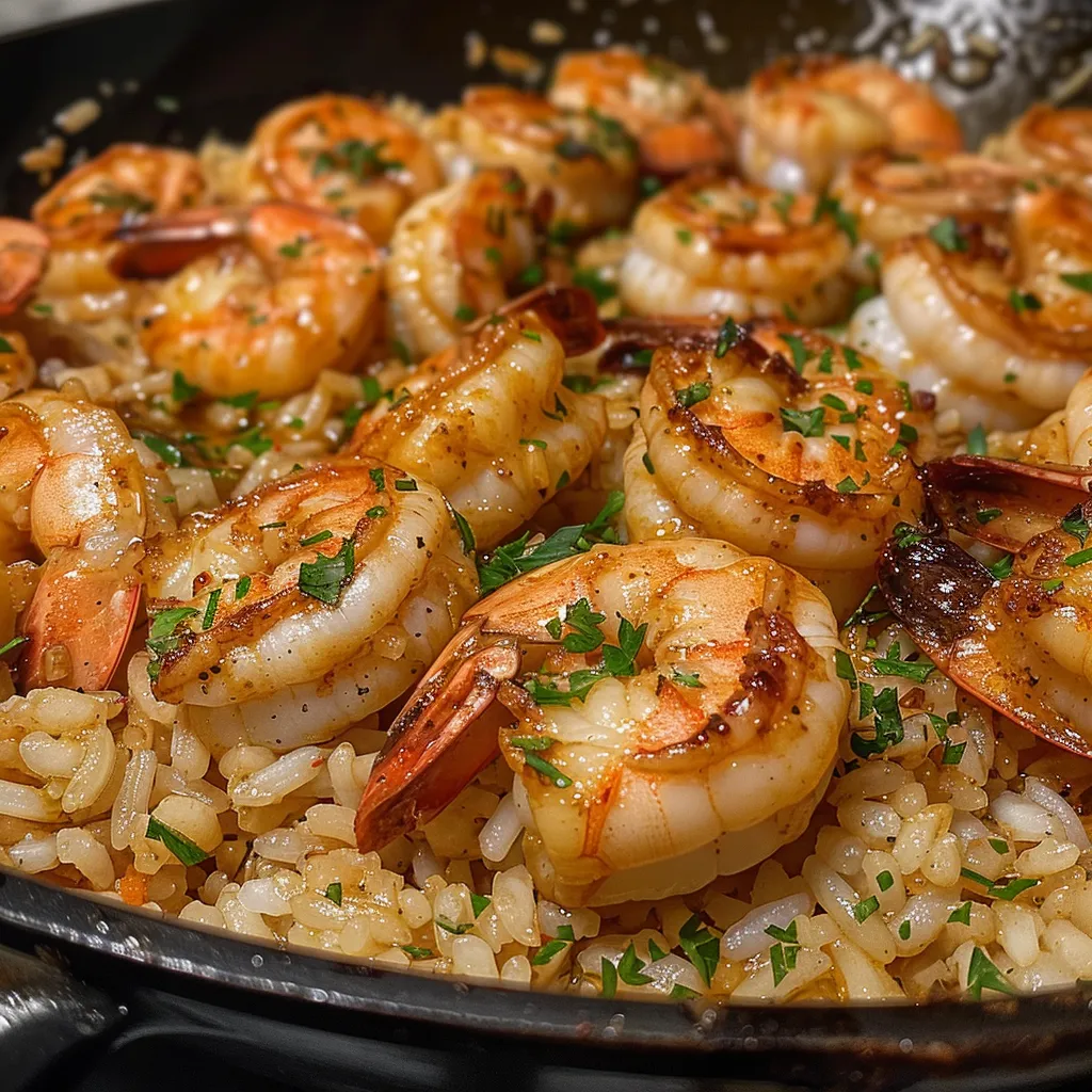 A delicious Cajun shrimp and rice dish in a skillet, featuring large shrimp and colorful seasonings.
