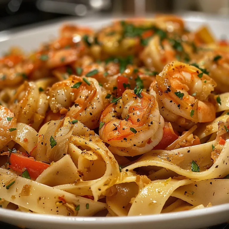 Close-up of creamy Cajun shrimp pasta with colorful vegetables.