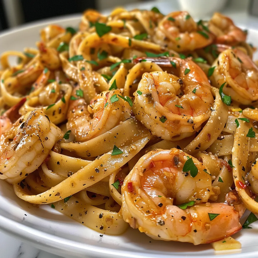 Side view of a bowl filled with Cajun shrimp pasta, garnished with parsley.