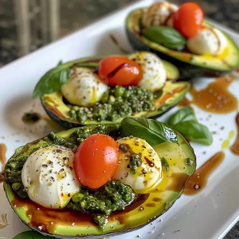 Close-up of a Caprese stuffed avocado with vibrant tomatoes and mozzarella.