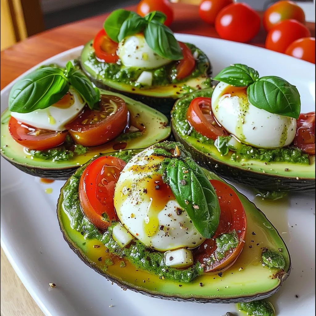 Side view of a halved avocado filled with cherry tomatoes and mozzarella balls.