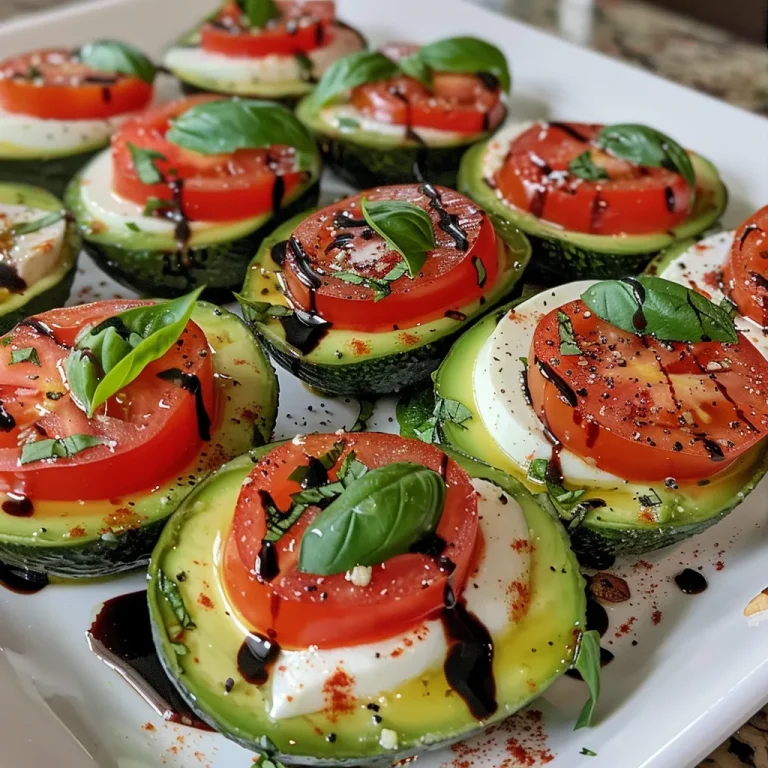 A Quick Mediterranean Delight: Caprese Stuffed Avocados in Just 10 Minutes Close-up view of halved avocados filled with cherry tomatoes, mozzarella, and basil.