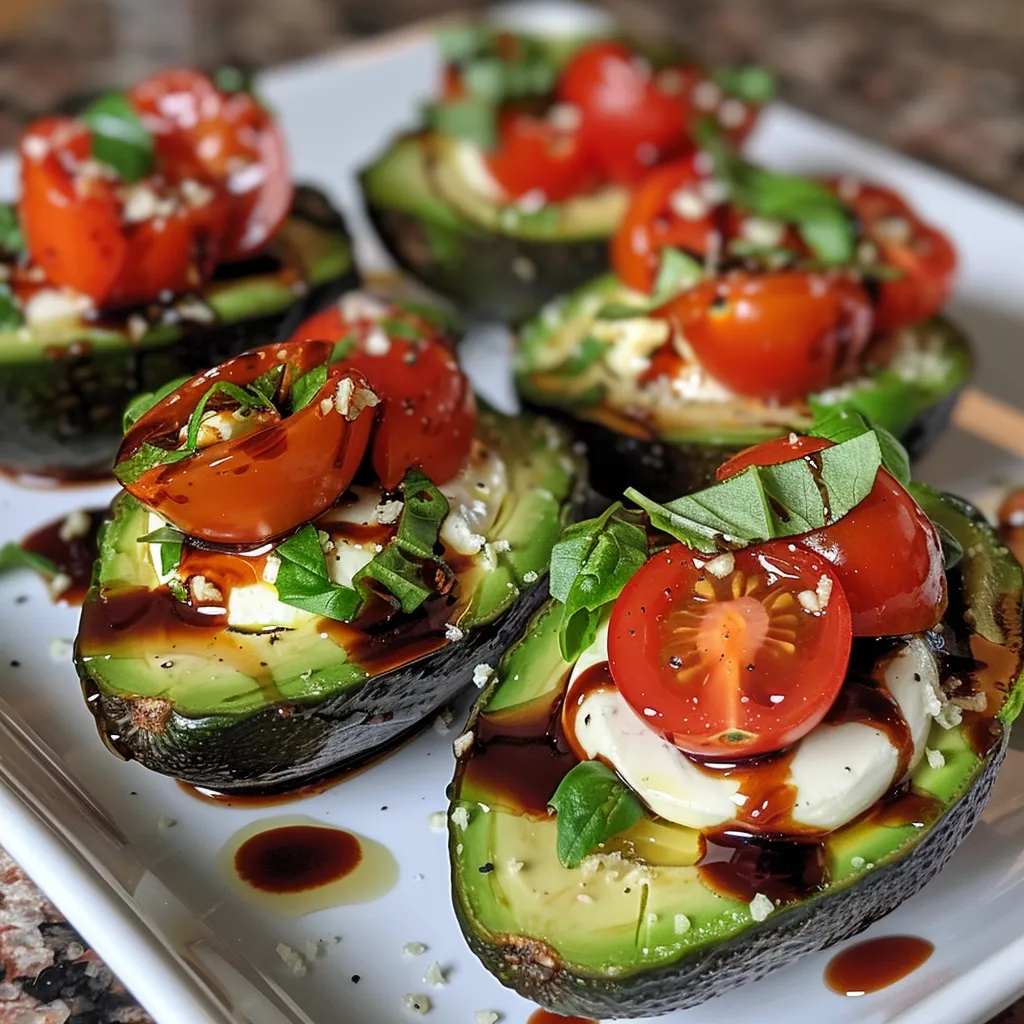 Side shot of Caprese stuffed avocados showcasing fresh ingredients and vibrant colors.