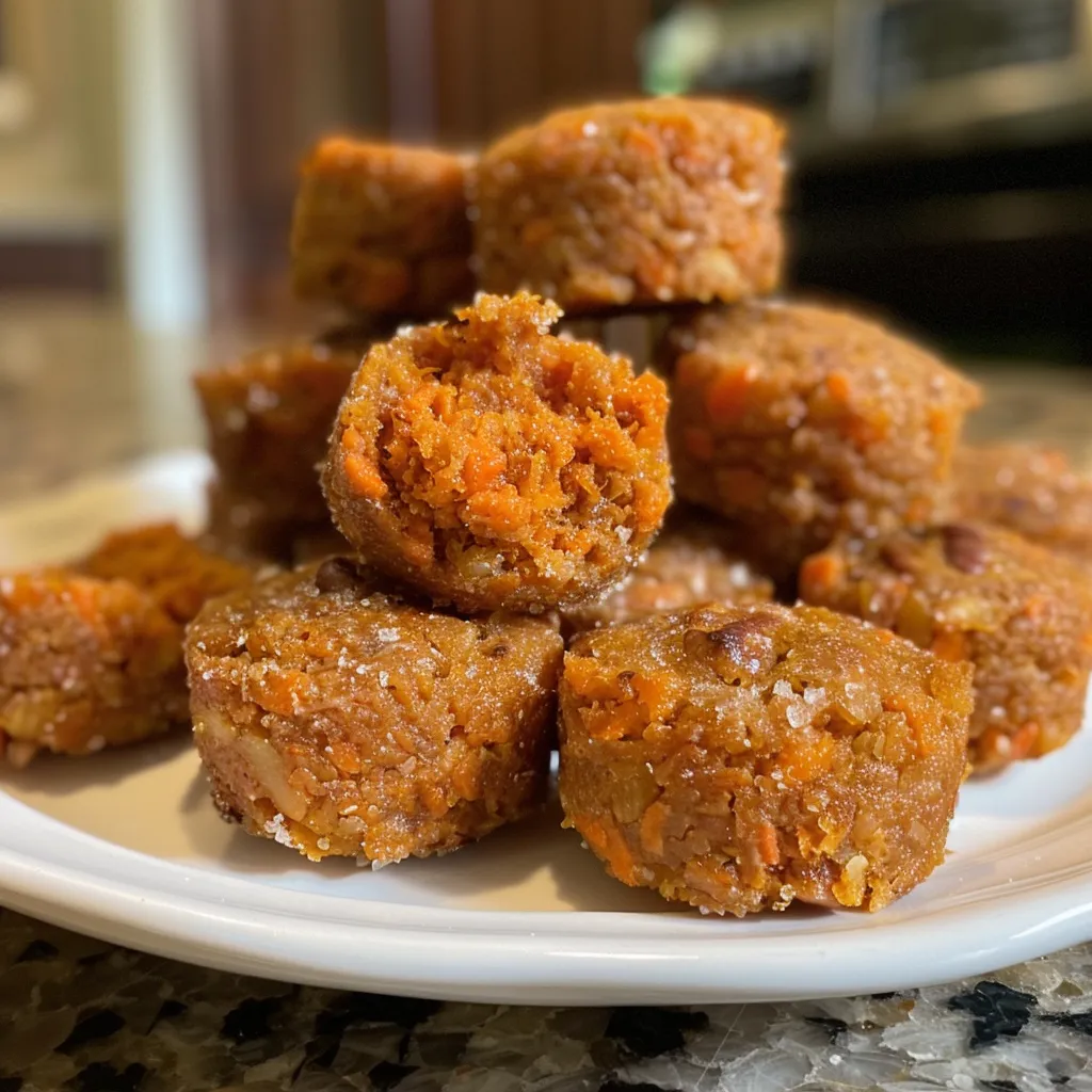 Side view of delicious carrot cake bites, highlighting the golden-brown crust and chopped nuts.