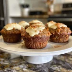 Close-up side view of a carrot cake muffin topped with cream cheese frosting, showcasing its texture and colors.