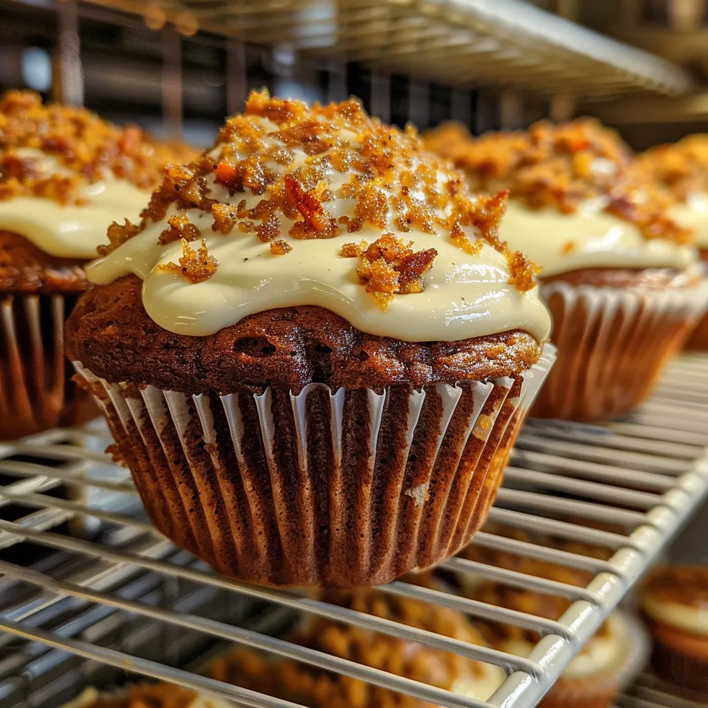 A juicy carrot cake muffin with visible grated carrots, topped with a thick layer of cream cheese frosting, captured in detail.