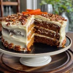 A side view of a moist carrot cake topped with smooth cream cheese frosting and decorated with candy carrots.