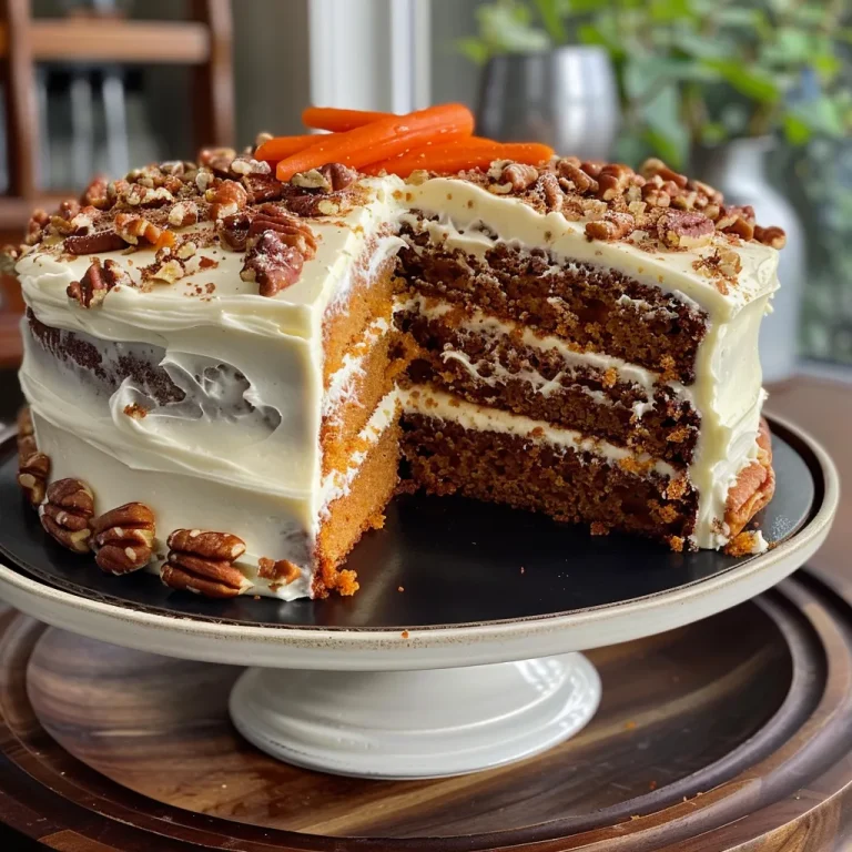 Baking Joy How My Carrot Cake with Cream Cheese Frosting Became the Star of Every Gathering A side view of a moist carrot cake topped with smooth cream cheese frosting and decorated with candy carrots.