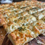 Close-up view of golden-brown cheese breadsticks.