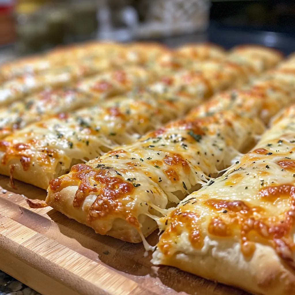 Side view of cheesy breadsticks with a crispy exterior.