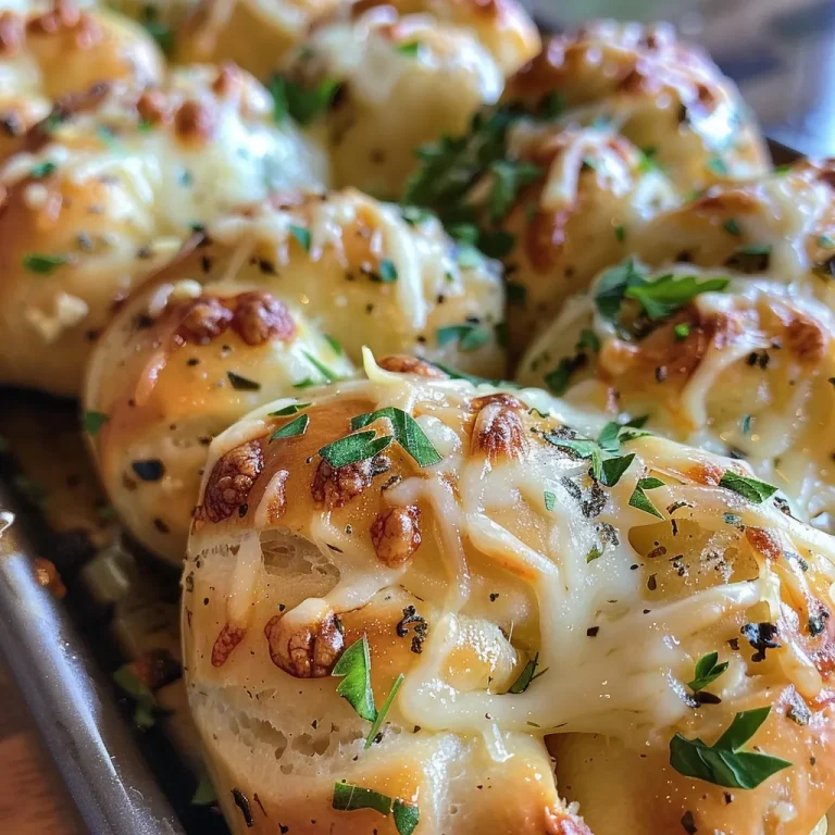 A close-up view of cheesy garlic knots, perfectly baked and golden brown, with visible melted cheese.