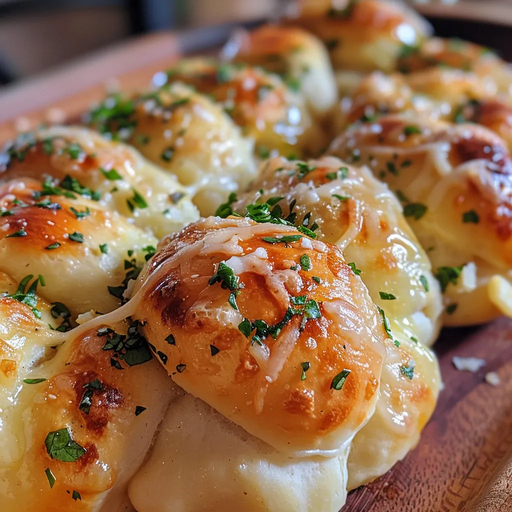 A side view of delicious garlic knots scattered on a wooden plate, showcasing their cheesy interior.