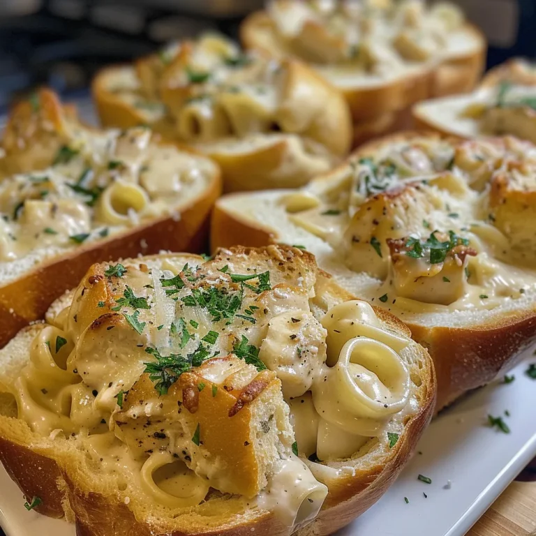Juicy Chicken Alfredo in a toasted garlic bread bowl with melted cheese.