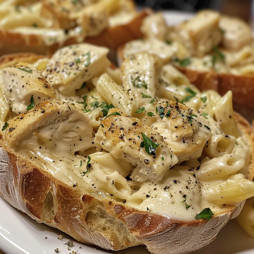 Side view of Chicken Alfredo served in a crispy Kaiser roll bowl.