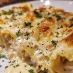 A close-up side view of Chicken Alfredo Lasagna Roll Ups filled with shredded chicken and cheese.