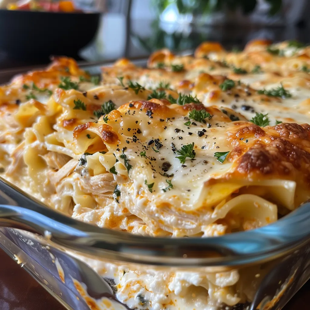 Juicy Chicken Alfredo Lasagna Roll Ups layered with creamy sauce and garnished with parsley.