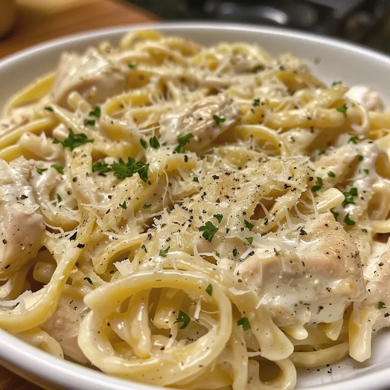 Creamy Chicken Alfredo Pasta A Dish That Whispers Comfort and Joy Close-up view of creamy Chicken Alfredo pasta with grilled chicken and parsley.
