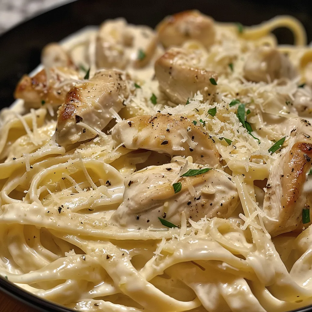 Side view of Chicken Alfredo fettuccine topped with freshly grated Parmesan cheese.