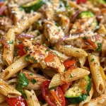 A vibrant plate of chicken and vegetable pasta featuring colorful zucchini and cherry tomatoes.