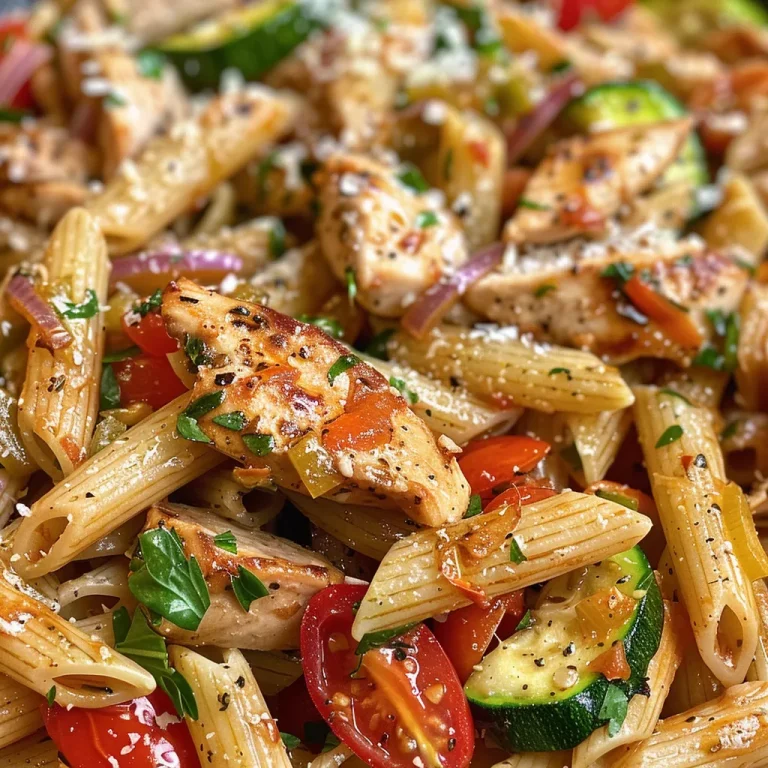 A vibrant plate of chicken and vegetable pasta featuring colorful zucchini and cherry tomatoes.