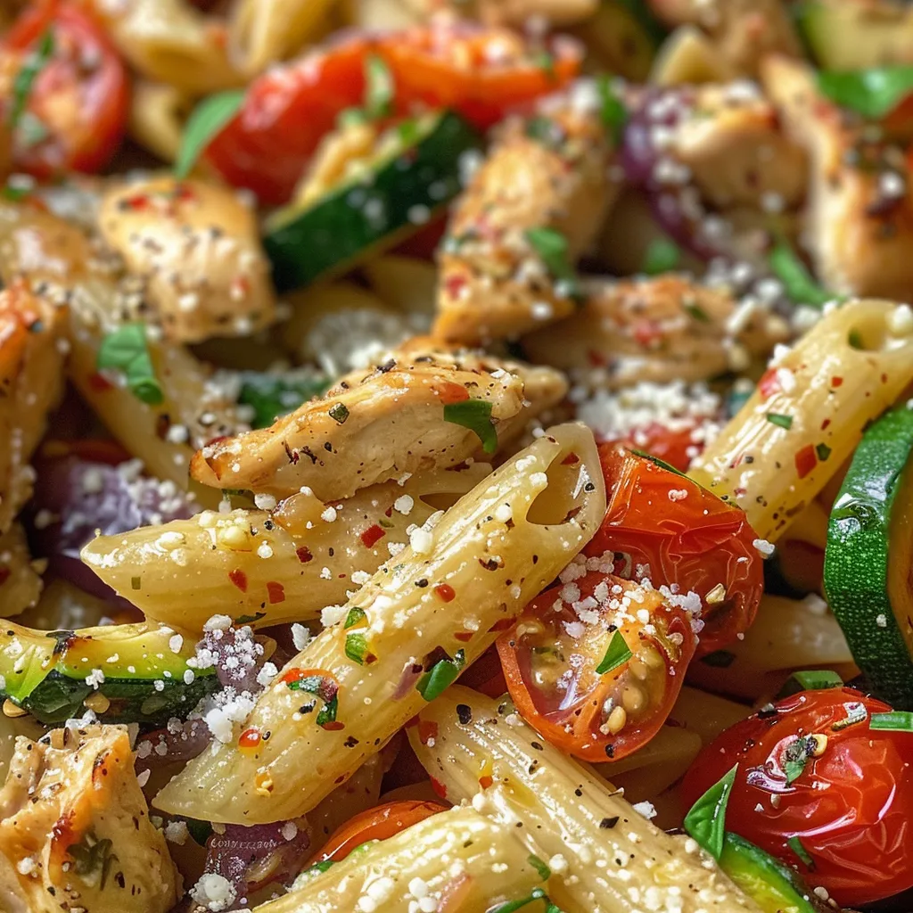 Close-up view of juicy chicken strips and tender pasta mixed with fresh vegetables.