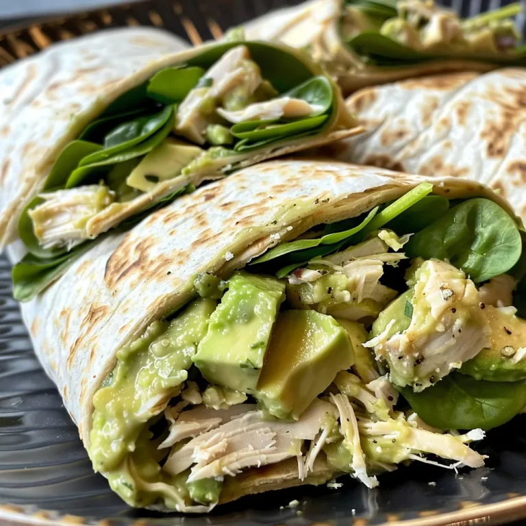 A close-up side view of a Chicken Avocado Wrap filled with shredded chicken, diced avocados, and colorful veggies.