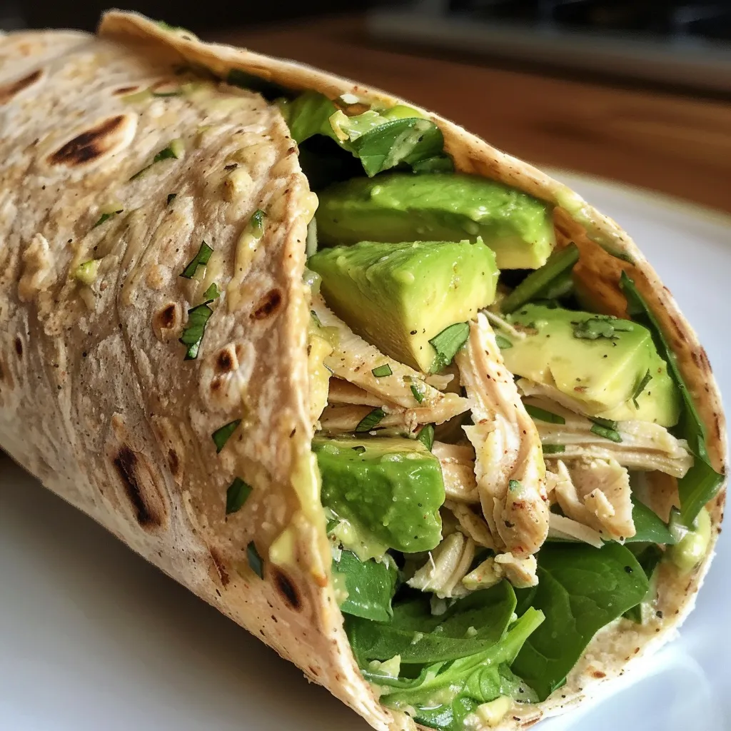 A juicy Chicken Avocado Wrap presented on a plate, showcasing the fresh ingredients inside.