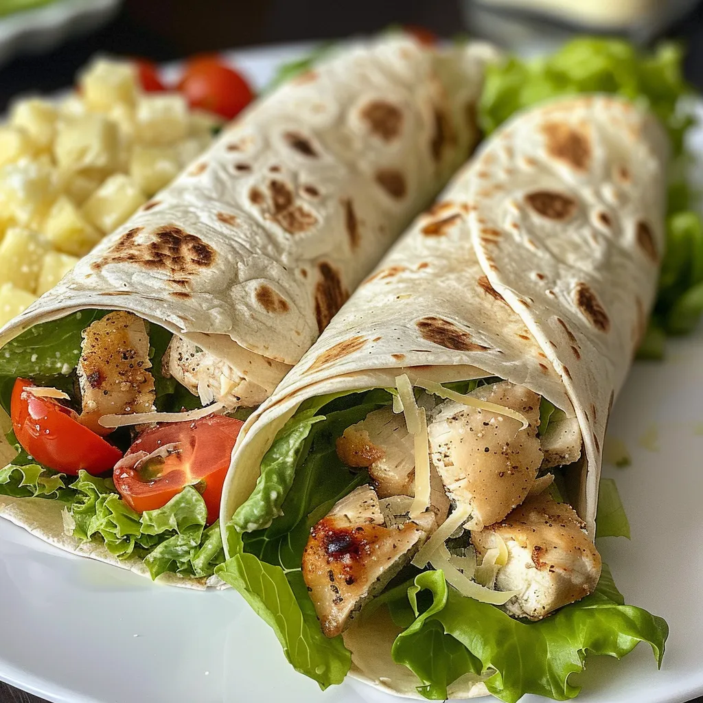 Side view of a Chicken Caesar Wrap, highlighting the filling of romaine lettuce, cherry tomatoes, and parmesan cheese.