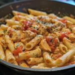 Close-up view of creamy chicken pasta with diced tomatoes and herbs.
