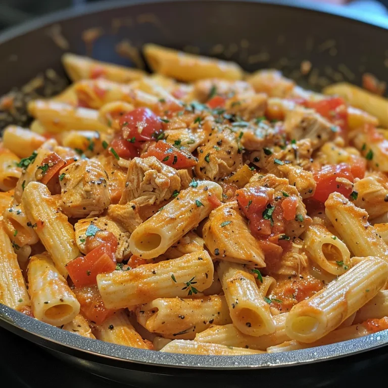 A Creamy Tomato Delight The Chicken Pasta That Makes Weeknights Special Close-up view of creamy chicken pasta with diced tomatoes and herbs.