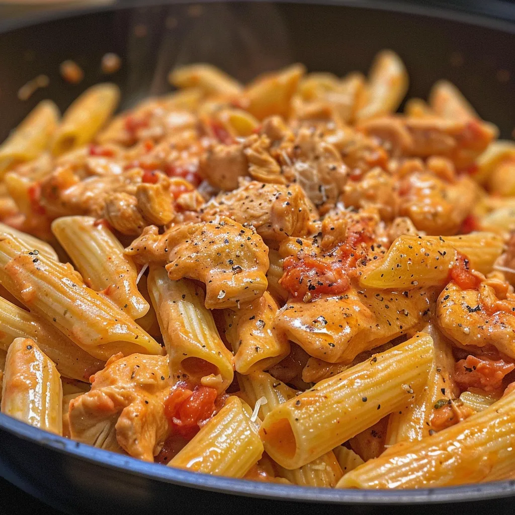 Side angle photo of chicken pasta coated in creamy tomato sauce.