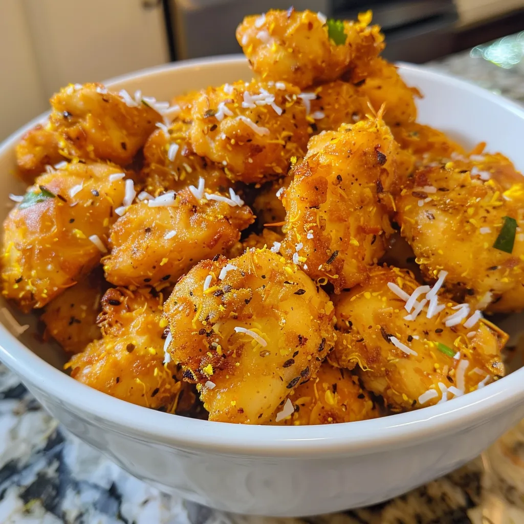Juicy Chicken Popcorns arranged on a plate, highlighting their bite-sized pieces.
