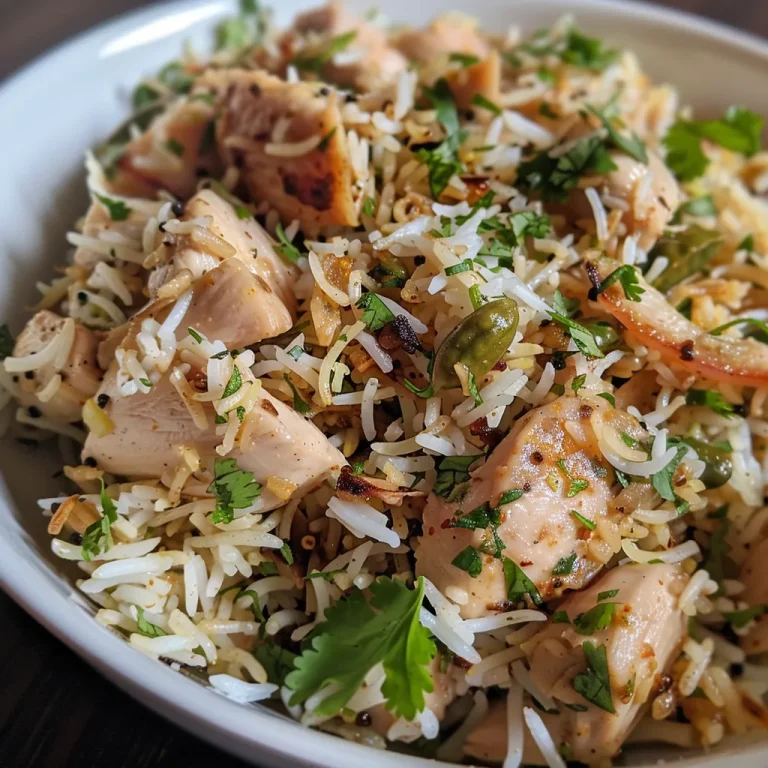 Savoring Memories The Chicken Pulao That Unites Generations Close-up view of a steaming bowl of Chicken Pulao with colorful spices and garnishes.