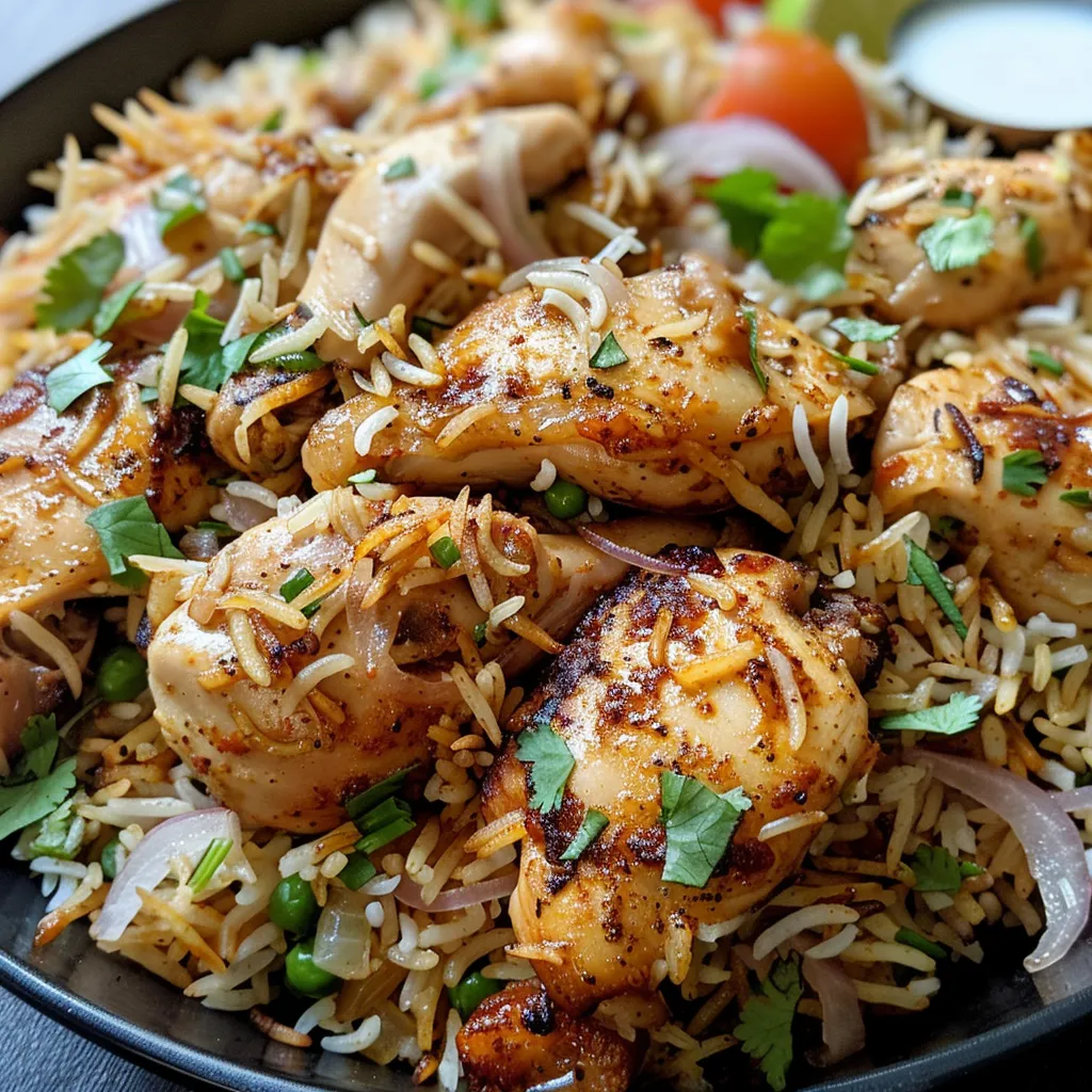 A vibrant plate of Chicken Pulao showcasing tender chicken pieces and aromatic rice.